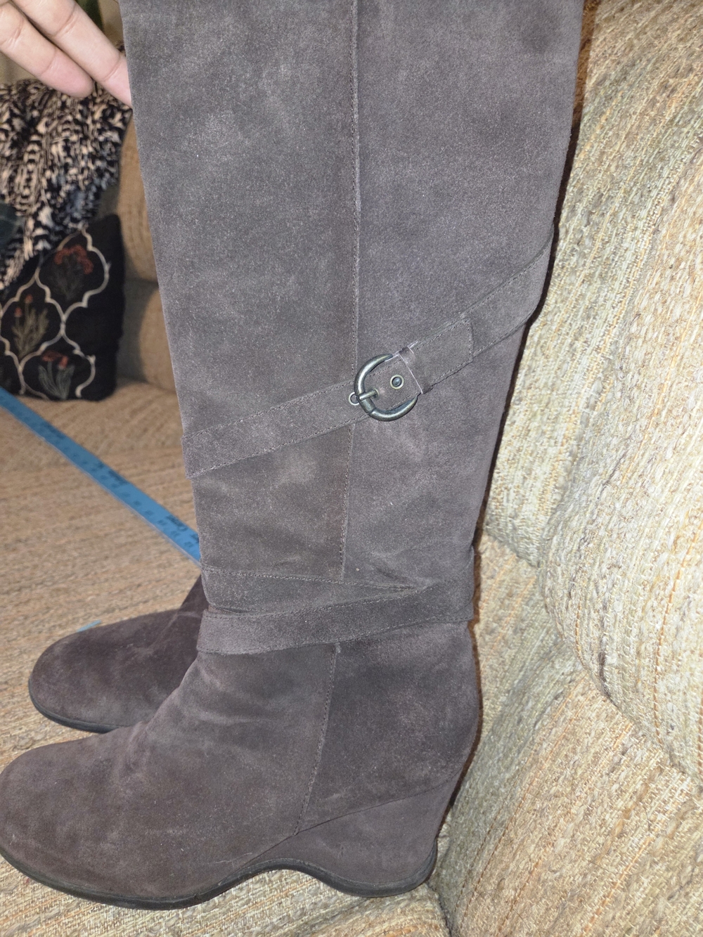 a.n.a Brown Suede Knee-High Wedge Boots with Buckle Strap